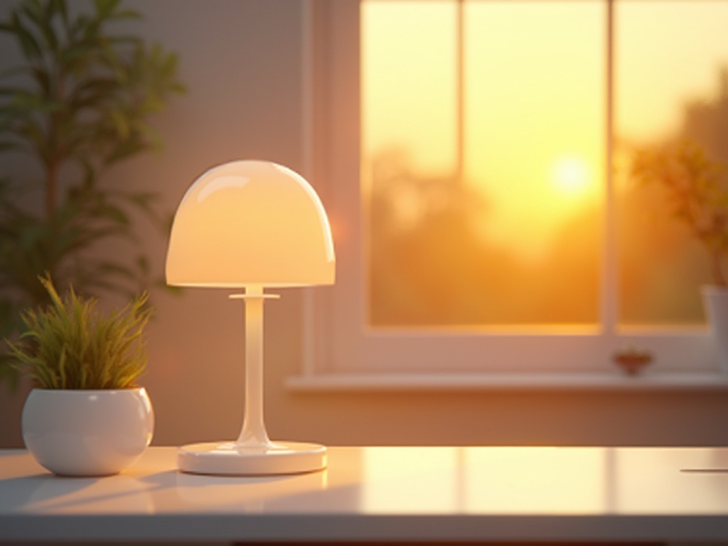 Tageslichtlampe auf einem Schreibtisch – warmes Licht im Winterbüro
