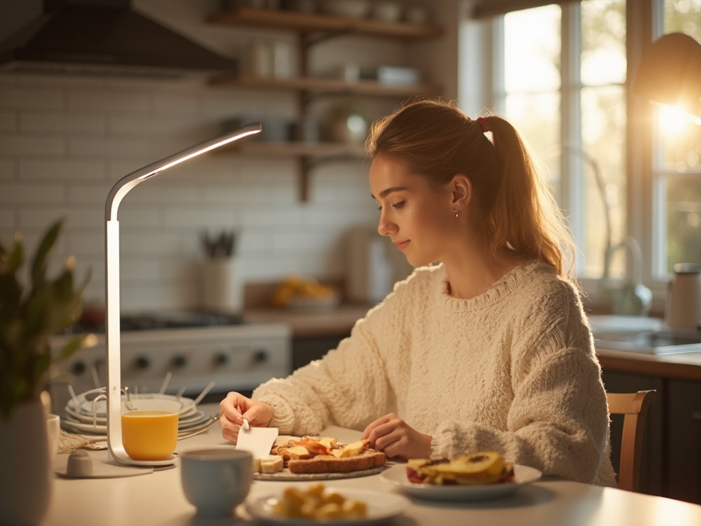Person nutzt Tageslichtlampe beim Frühstück – tägliche Lichttherapie